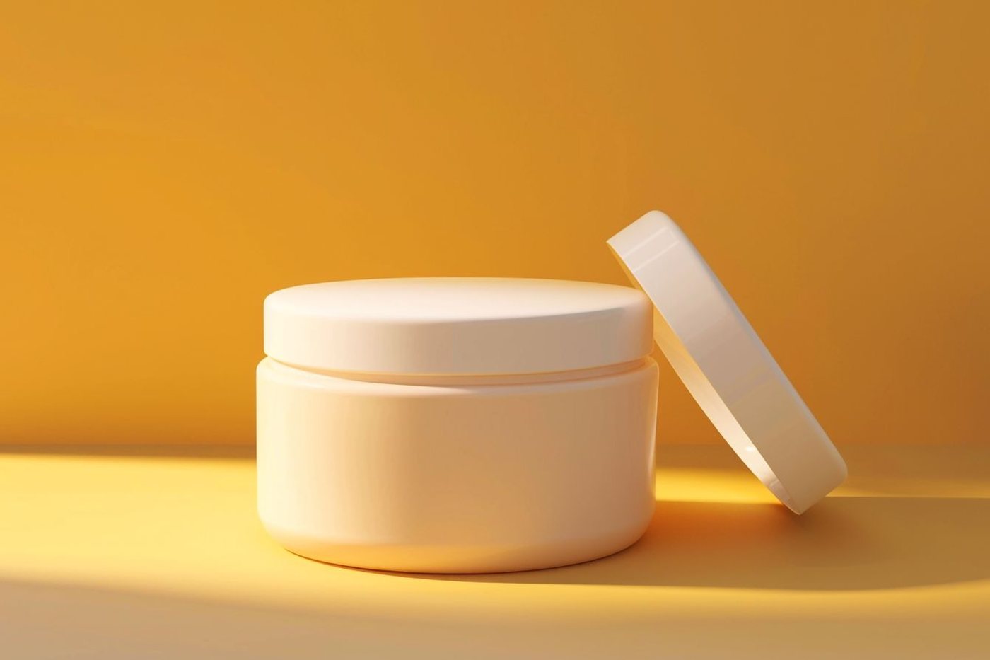 A clean and simple plain cream jar with its lid on a bright yellow background.